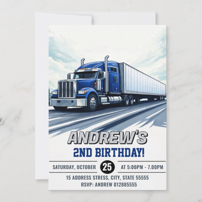 Invitation d'anniversaire de semi-remorque personn (Devant)