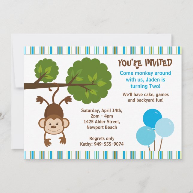 Invitation d'anniversaire de singe avec enveloppe  (Devant)