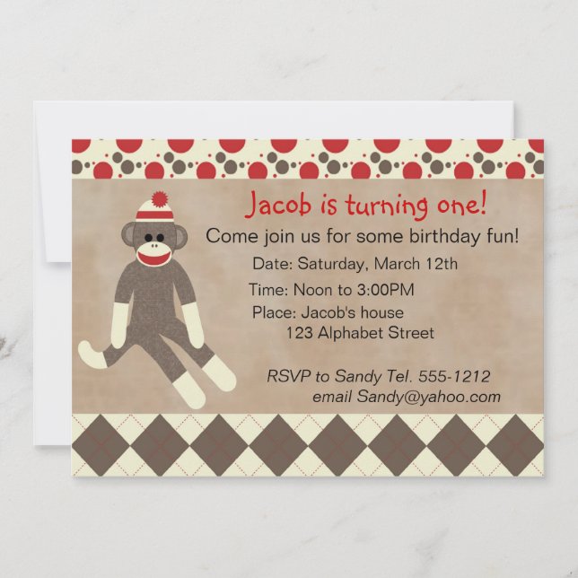 Invitation d'anniversaire de singe de chaussette (Devant)