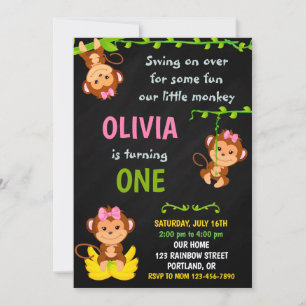 Invitation d'anniversaire de singe Fille 1er anniv