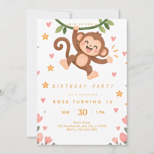 Invitation d'anniversaire de singe mignon (Devant)