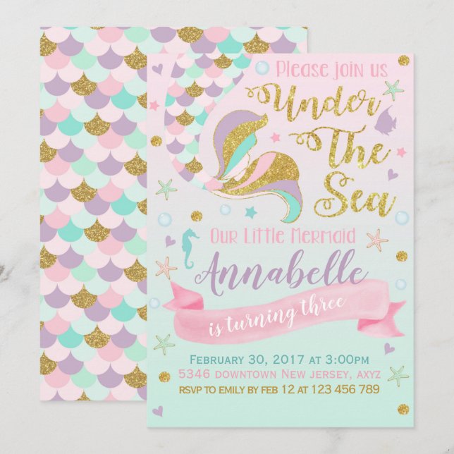 Invitation d'anniversaire de Sirène (Devant / Derrière)