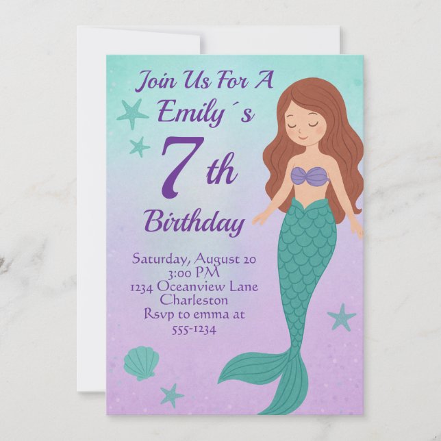 Invitation d'anniversaire de sirène (Devant)