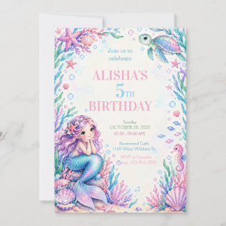 Invitation d'anniversaire de sirène à l'aquarelle 