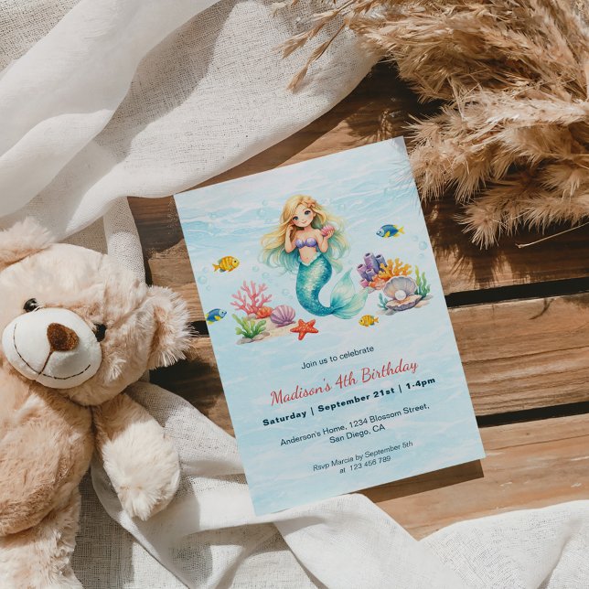 Invitation d'anniversaire de sirène à l'aquarelle (Créateur téléchargé)