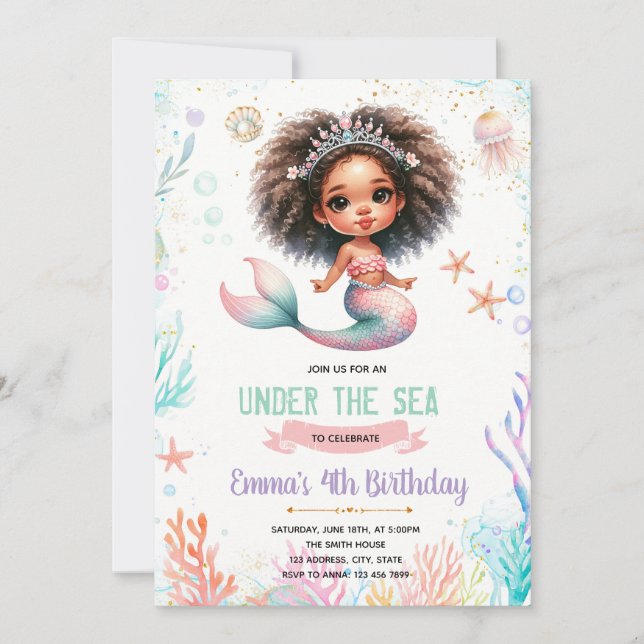 Invitation d'anniversaire de sirène africaine (Devant)