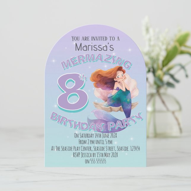 Invitation d'anniversaire de sirène aux cheveux ro (Debout devant)