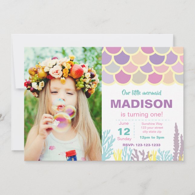Invitation d'anniversaire de sirène avec la photo (Devant)