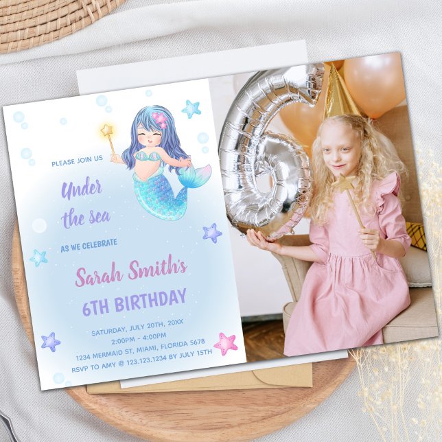 Invitation d'anniversaire de Sirène avec photo (Mermaid Birthday Invitations with photo)