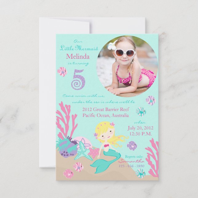 Invitation d'anniversaire de sirène blonde (Devant)