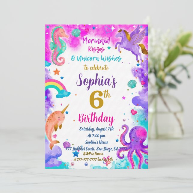 Invitation d'anniversaire de sirène et de licorne  (Debout devant)