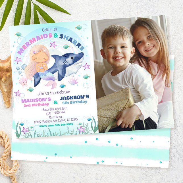 Invitation d'anniversaire de sirène et de requin s (Créateur téléchargé)