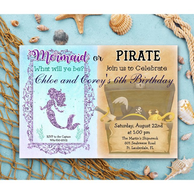 INVITATION D'ANNIVERSAIRE DE SIRÈNE OU DE PIRATE - (Créateur téléchargé)