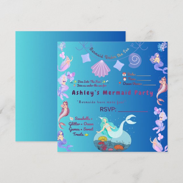 Invitation d'anniversaire de sirène personnalisabl (Devant / Derrière)