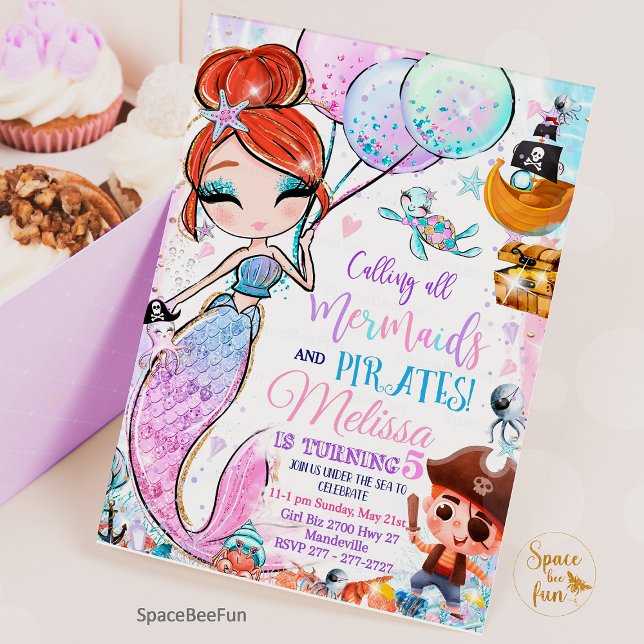 Invitation d'anniversaire de Sirène Sirène et pira (mermaid birthday party,Mermaid and pirates,Birthday Invitation,Mermaid Pirates invites,Party mermaid)