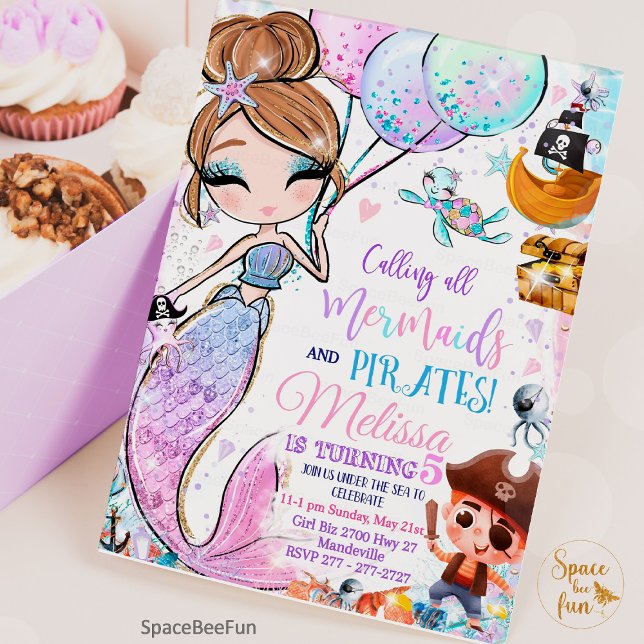 Invitation d'anniversaire de Sirène Sirène et pira (Mermaid Birthday Invitation Mermaid and Pirates Party invite, Pool invite, Magical party, Brown hair)