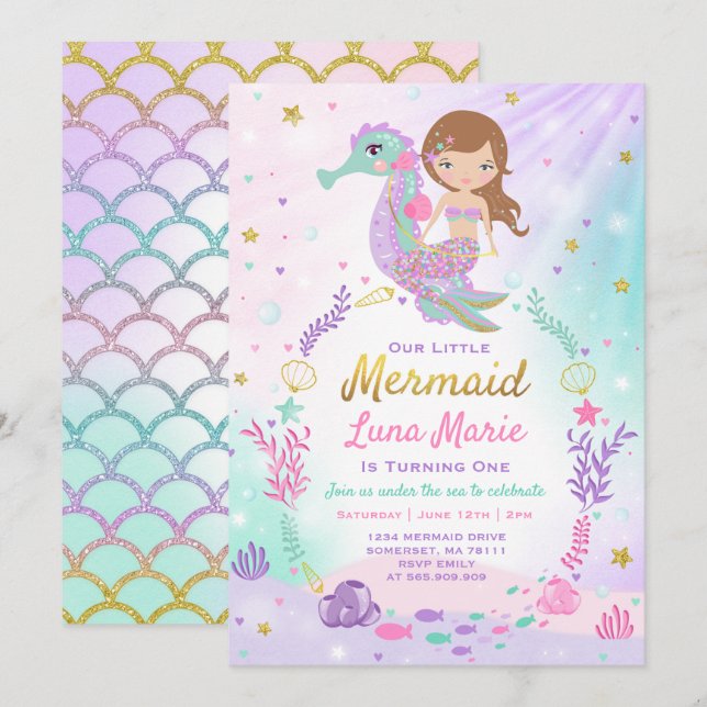 Invitation D'Anniversaire De Sirène Sous La Fête D (Devant / Derrière)