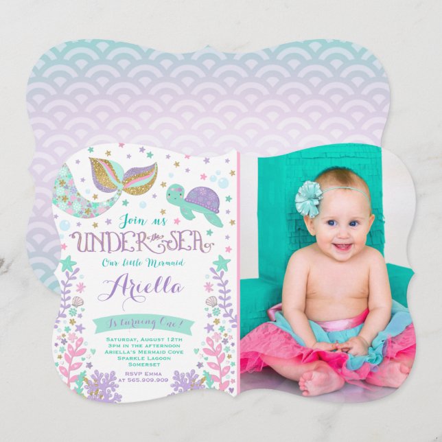 Invitation D'Anniversaire De Sirène Sous La Fête D (Devant / Derrière)