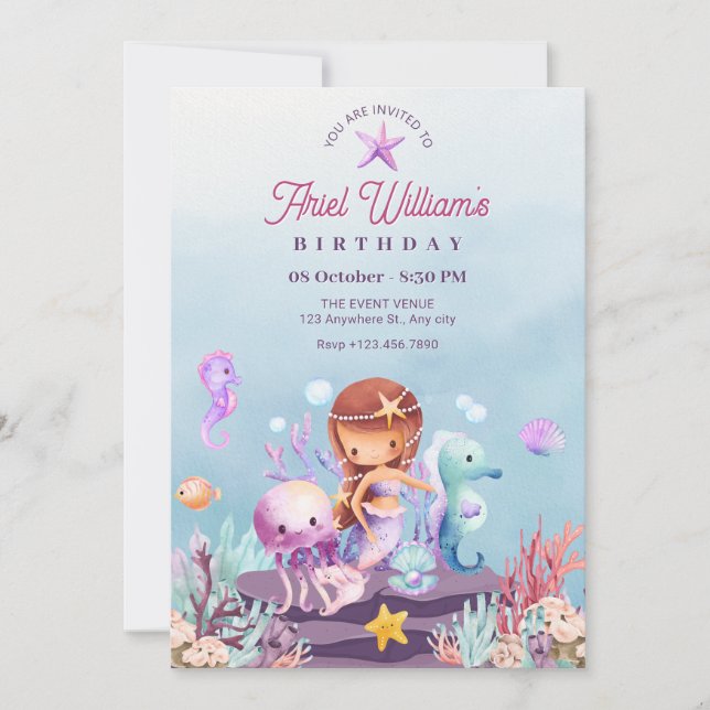 Invitation d'anniversaire de sirène sous la mer (Devant)