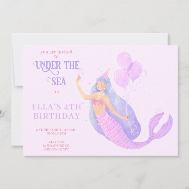 Invitation d'anniversaire de sirène sous la mer (Devant)