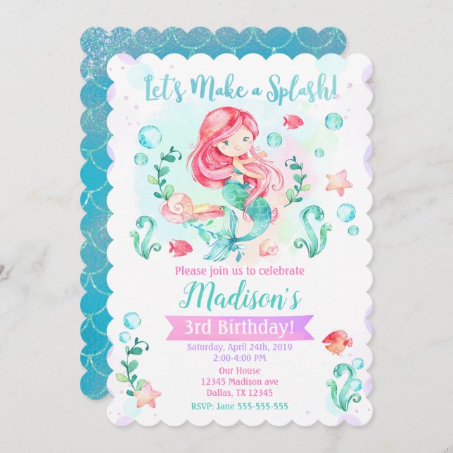 Invitation d'anniversaire de sirène / Sous la mer (Devant / Derrière)