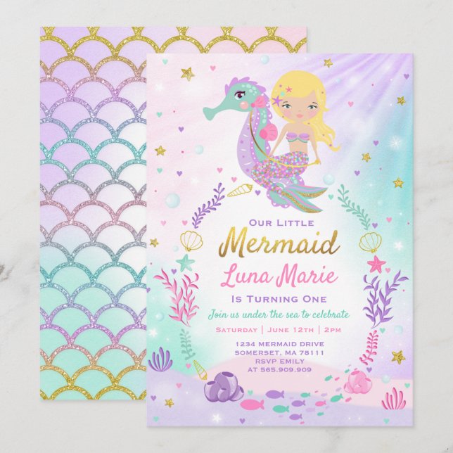 Invitation d'anniversaire de sirène sous la partie (Devant / Derrière)