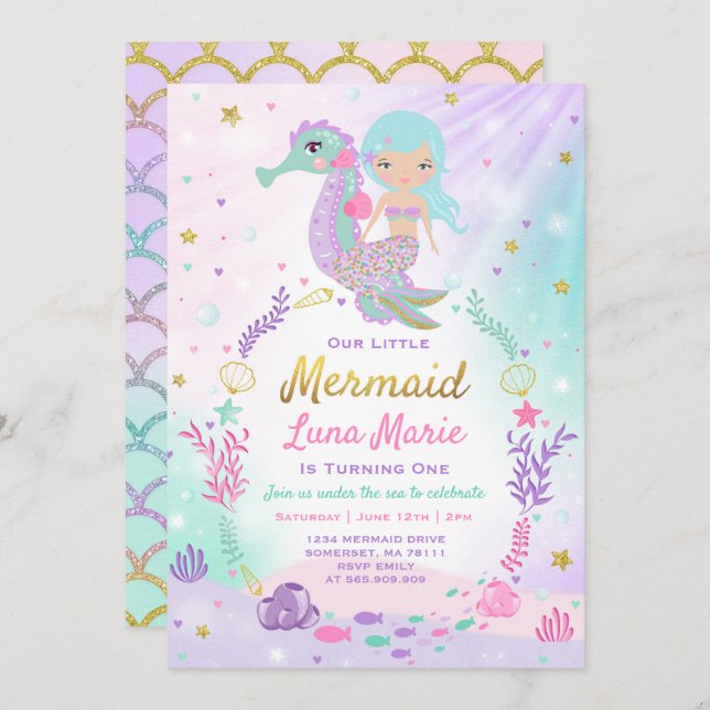 Invitation d'anniversaire de sirène sous la partie (Devant / Derrière)