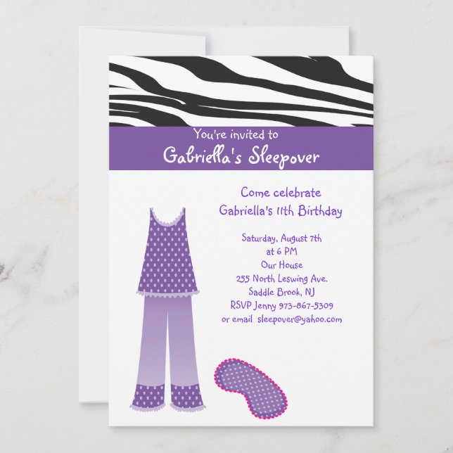 Invitation d'anniversaire de Sleepover de /Zebra (Devant)