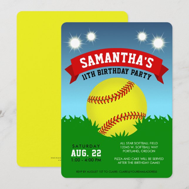 Invitation d'anniversaire de softball (Devant / Derrière)