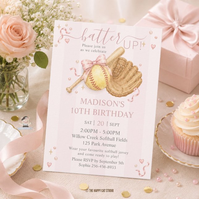 Invitation d'anniversaire de softball Fille Rose C (Softball Girly Pink Bow Coquette Birthday Invitation card and digital instant download)