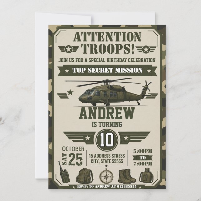 Invitation d'anniversaire de soldat personnalisée (Devant)