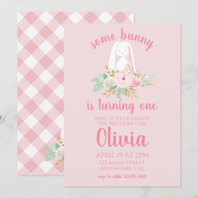 Invitation d'anniversaire de Some Bunny florale et (Devant / Derrière)