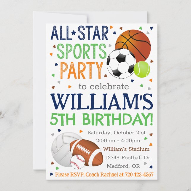 Invitation d'anniversaire de sport, All-Star Sport (Devant)