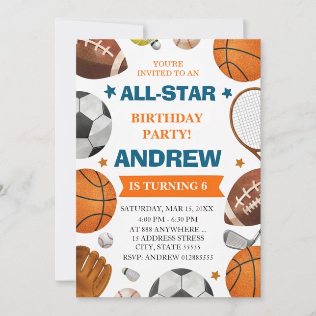 Invitation d'anniversaire de sport d'étoile tout é (Devant)