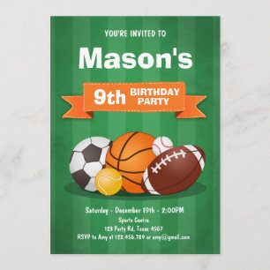 Invitation d'anniversaire de sport garçons de fête