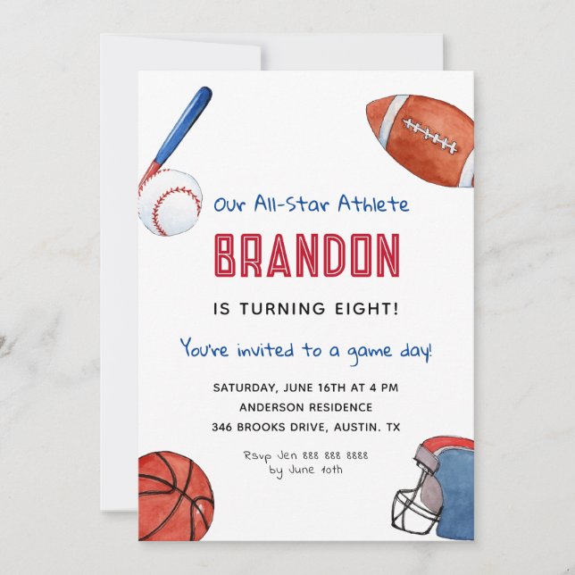 Invitation d'anniversaire de sport pour enfants (Devant)