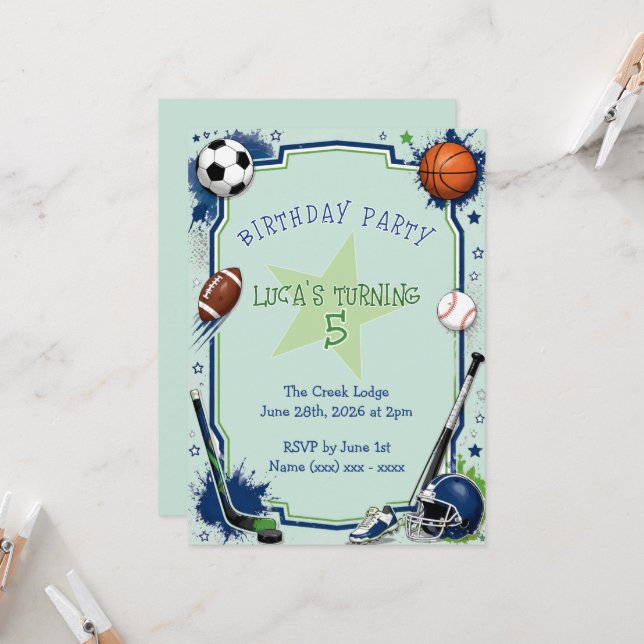 Invitation d'anniversaire de sports pour garçons (Devant/Arrière en situation)