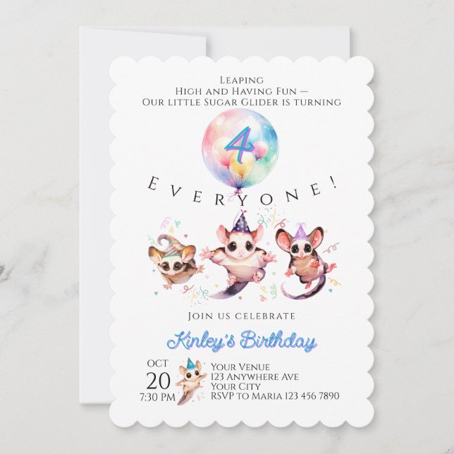 Invitation d'anniversaire de Sugar Glider (Devant)