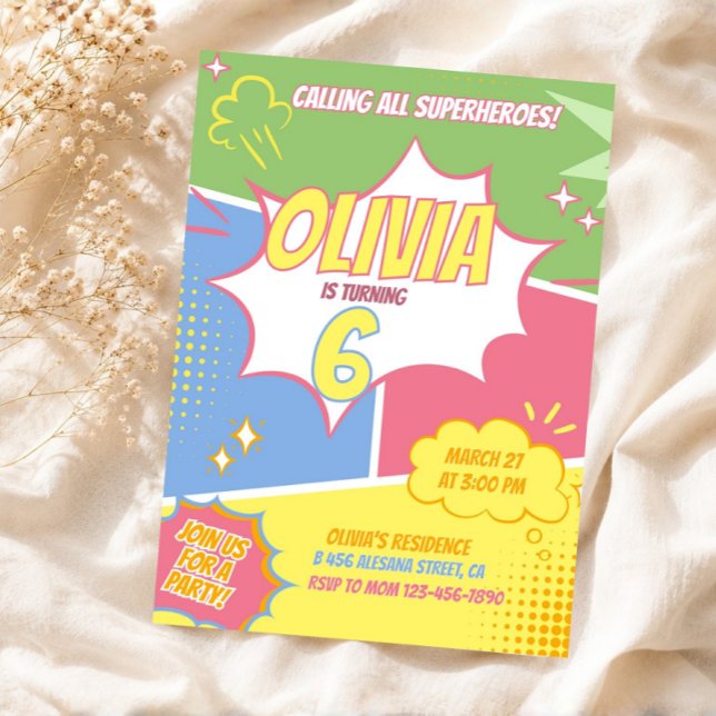 Invitation d'anniversaire de super-héroïne fille R (Girl Superhero Birthday Invitation Pastel Pink)