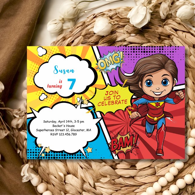 Invitation d'anniversaire de super-héroïne supergi (Créateur téléchargé)
