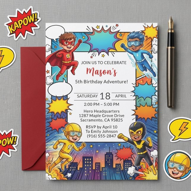 Invitation d'anniversaire de super-héros 5 ans en  (Créateur téléchargé)