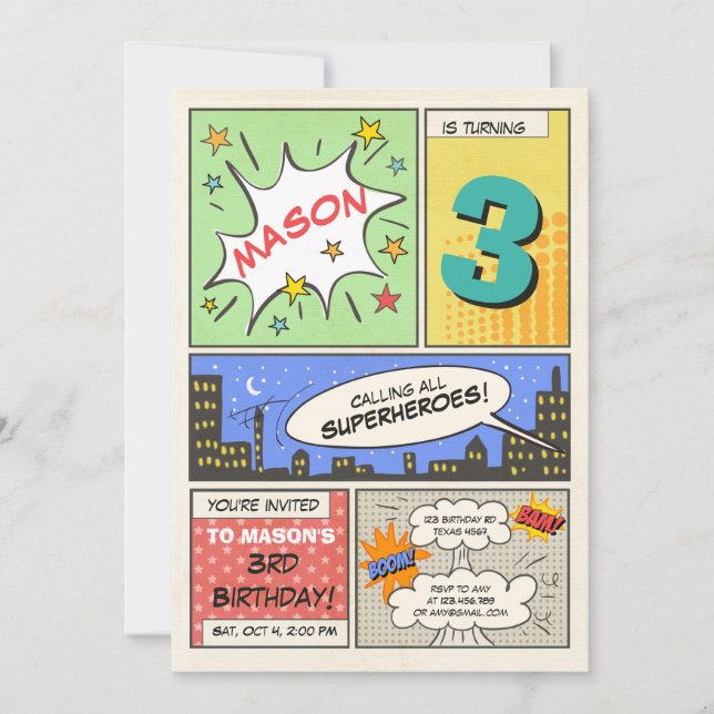 invitation d'anniversaire de super-héros Cartoon V (Devant)