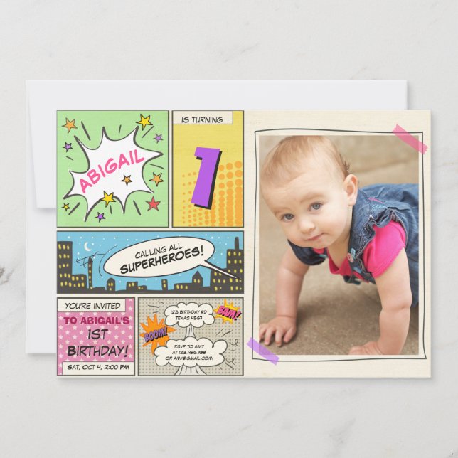 invitation d'anniversaire de super-héros Cartoon V (Devant)