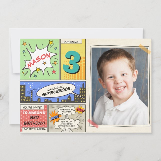 invitation d'anniversaire de super-héros Cartoon V (Devant)