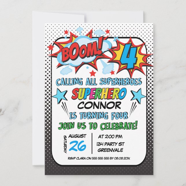 Invitation d'anniversaire de super héros de (Devant)