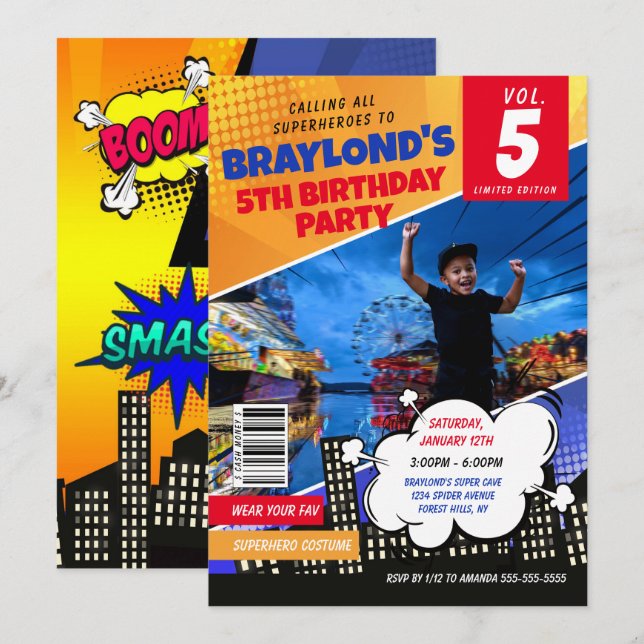 Invitation d'anniversaire de super-héros de bande  (Devant / Derrière)