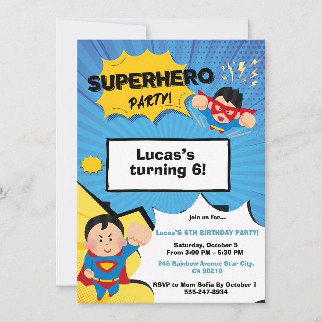 Invitation d'anniversaire de super-héros garçon (Devant)