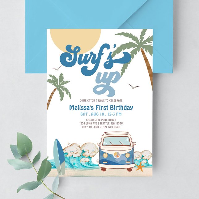 Invitation d'anniversaire de surf de garçon de mar (Créateur téléchargé)