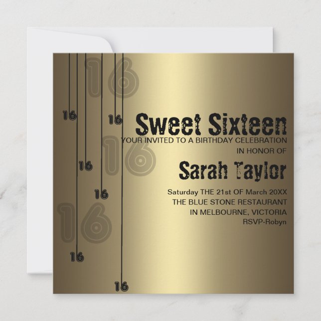 Invitation d'anniversaire de sweet sixteen d'or (Devant)