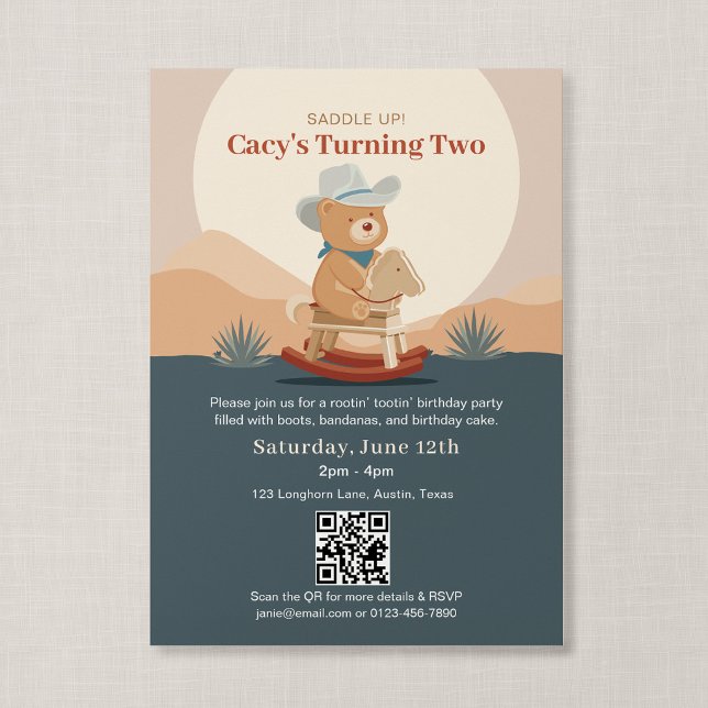 Invitation d'anniversaire de Teddy Bear Cowboy Sad (Saddle Up - Teddy Bear Rodeo QR Birthday Invitation, Front)